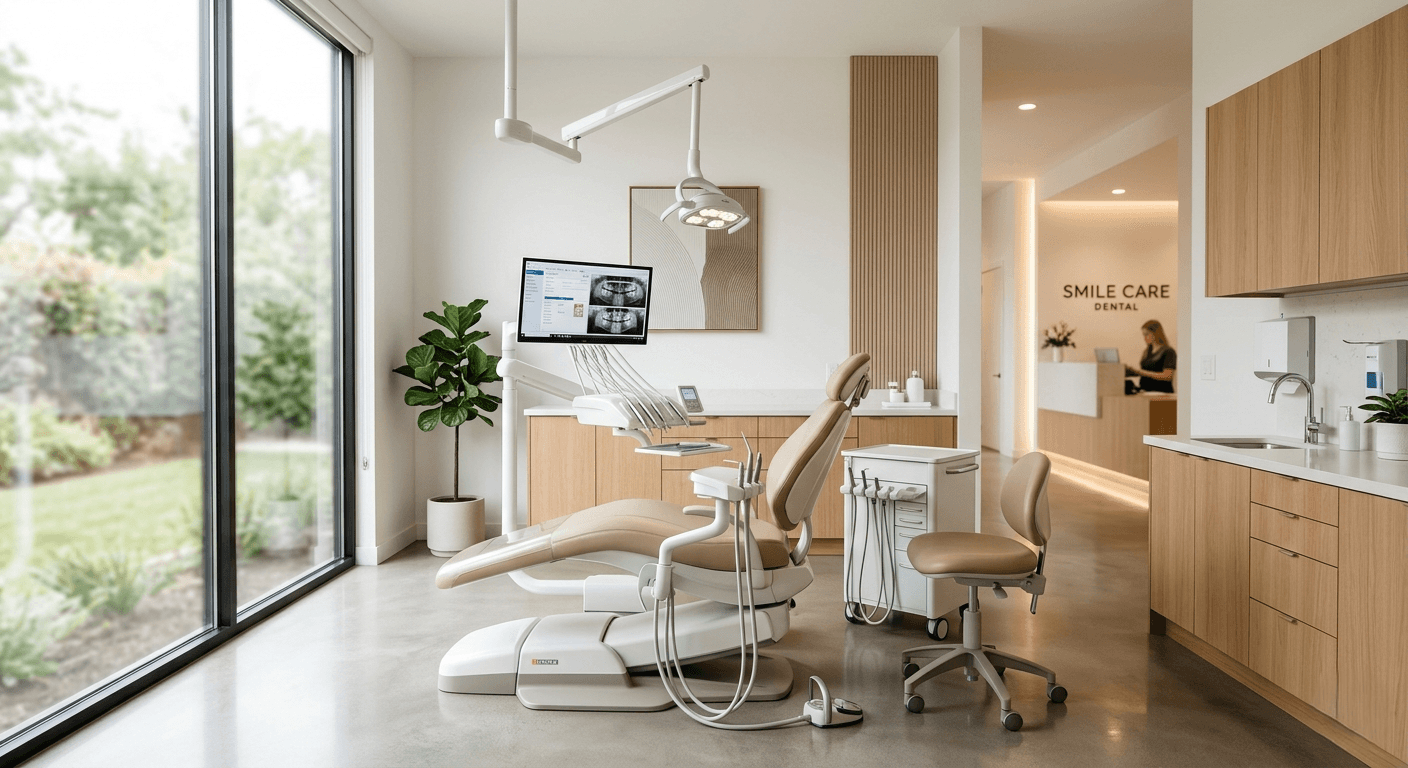 High-quality, professional photograph of a modern dental clinic interior, minimalist design, bright and clean aesthetic, state-of-the-art dental chair and equipment, warm and welcoming lighting, 8k resolution.